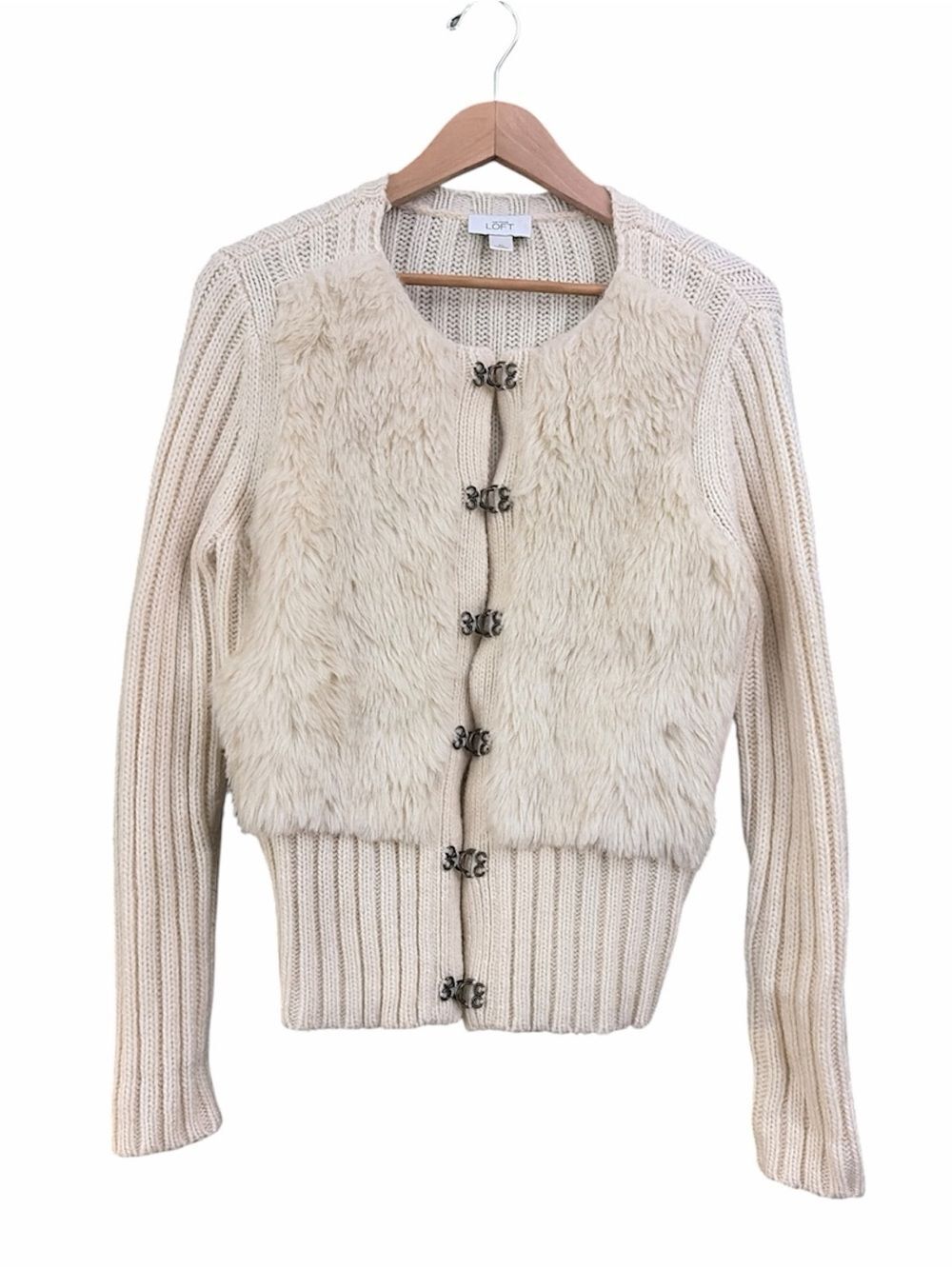 LOFT Cream Wool Blend Knit Cardigan Faux-Fur Front Decorative Hooks Sz XL - Picture 1 of 4